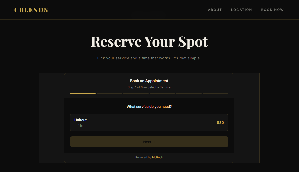 MCBook widget embedded on a client website